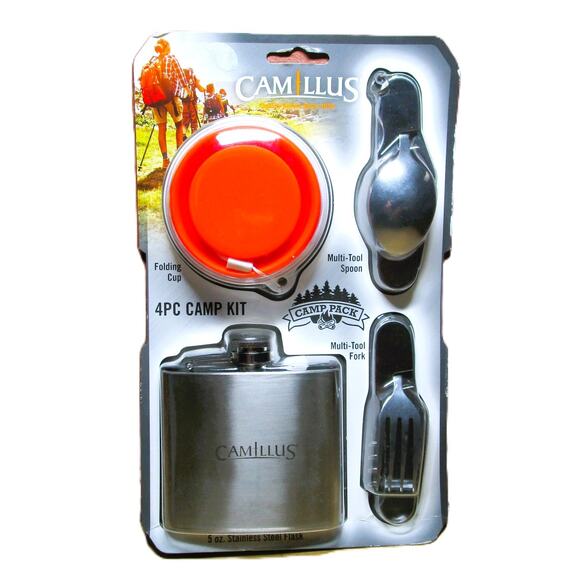 Camillus Camping Kit 4 pieces Folding Cup, Flask, Multi-Tool Spoon and Fork - Picture 1 of 3